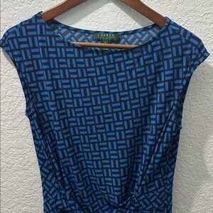 Lauren Ralph Lauren Midi Sleeveless Womens Size 8 Blue Geometric Rusched Dress